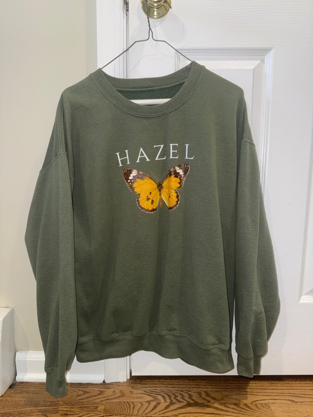 hazel Olive Green Crewneck with Yellow Butterfly Graphic